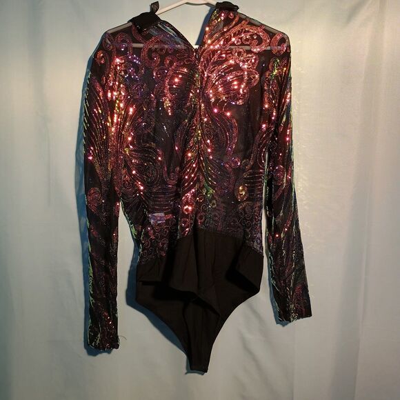 Black Sheer Sequin Bodysuit Women’s Long Sleeve Sparkly Mesh Party Club wear. - Picture 5 of 5